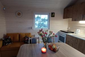 a kitchen and a table with a vase of flowers on it at Arkadia Borzestowo in Borzestowo