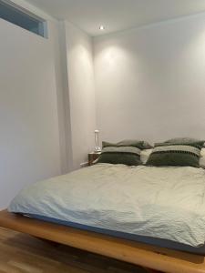 a bedroom with a large bed with green pillows at Buchmühle in Niederdorla
