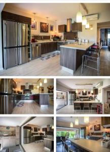a collage of photos of a kitchen with a refrigerator at Le Gouzou in Tamarin