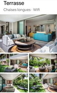 a collage of four pictures of a living room at Le Gouzou in Tamarin