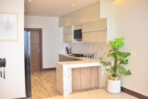 una cocina con una planta en el medio en Splendor Penthouse By Stayvia, en Karachi 31 fotos más