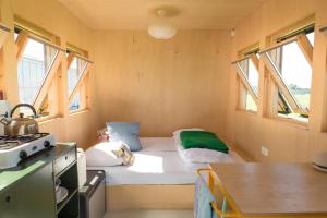 a small room with a bed and two windows at Hihahut De Vogelaar in Oud-Ade