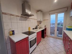 a kitchen with red cabinets and a large window at Green room in Mulhouse +7 photos