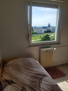 a bed in a room with a large window at Green room in Mulhouse