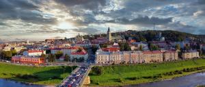 an aerial view of a city with a bridge and buildings at Apartament Karolek in Przemyśl