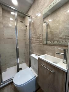 ein Badezimmer mit Toilette, Waschbecken und Dusche in der Unterkunft Apartment 4 rooms Fira Barcelona in Hospitalet de Llobregat