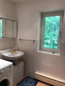 ミュンヘンにあるGemütliches Appartement in Neuhausen-Nymphenburgの洗面台と窓のある白いバスルーム