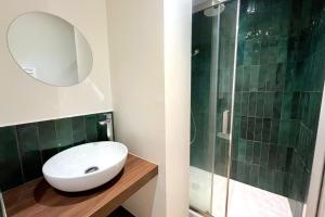 ナンシーにあるNancy Pépinière Appartement rénové et équipéの洗面台とシャワー付きのバスルーム