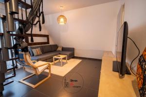a living room with a couch and a tv at Calme et Confort au Stockfeld in Strasbourg
