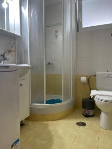 une salle de bains avec douche et toilettes dans l'établissement Lilikas Sea Front Apartments 4, à Lilikás 20 autres photos