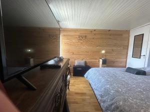 a bedroom with a bed and a dresser with a television at Belle maison au calme - accès GR34 in Crozon