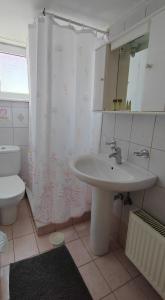 a bathroom with a sink and a toilet and a mirror at Sunset Apartments in Mesolongion