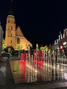 a water fountain in front of a building at night at Apartament Vikicentrum in Bolesławiec