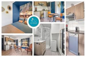 un collage di quattro foto di una cucina e di una camera di Les teinturiers I Charme et Calme à Avignon ad Avignone