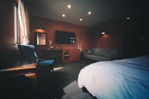 a hotel room with a bed and a television at Hotel Unica in Biei