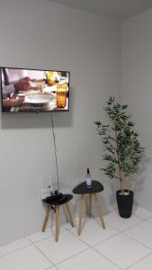 una stanza con un tavolo, una pianta in vaso e una tv di Apartamento Novo, Lindo e Confortável prox Centro a Gravataí Altre 47 foto