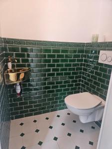 een badkamer met toilet en een groene betegelde muur bij Pigments & Paillettes in Draguignan