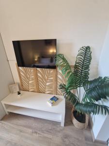a living room with a white table and a plant at Sarah's Ferienwohnung in Füssen