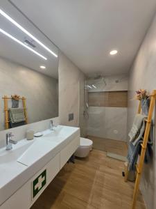 a bathroom with a sink and a toilet and a mirror at Oasis House in São Roque
