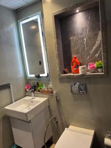 a bathroom with a toilet and a sink and a mirror at Spira Supernova in New Delhi +60 photos