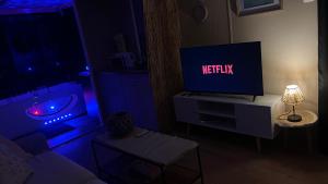 a living room with a television with the netflix sign on it at Evasion balneo Fréjus in Fréjus