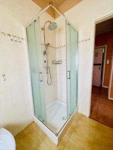 una doccia con una porta in vetro in un bagno di Le Rose a Trieste Altre 46 foto