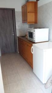 a small kitchen with a microwave and a refrigerator at Cycladic Relaxation Corner in Fira +10 photos