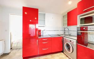a red kitchen with a sink and a washing machine at Appartement charmant à Schiltigheim de 30 m² in Schiltigheim +8 photos