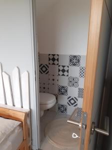 a bathroom with a toilet and tiles on the wall at Coin détente in Le Fossat