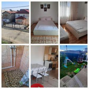 a collage of pictures of a bedroom and a bed at Casa BELLA ELENA in Văleni