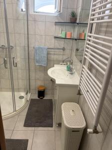 a small bathroom with a sink and a shower at Apartments Lili in Senj +40 photos