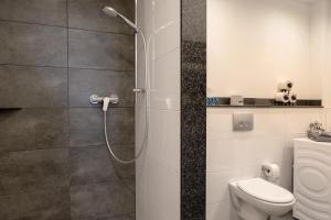 un bagno con doccia e WC di Unterkunft Alte Schlosserei a Mühlhausen Altre 20 foto