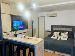 a bedroom with a bed and a table and a tv at Monoambiente en complejo privado con Piscina en microcentro - Excelente Ubicacion in San Juan