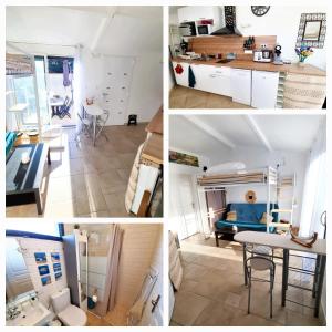 a collage of photos of a kitchen and a living room at Maisonnette/Tiny House - Jardin privé in Castanet-Tolosan