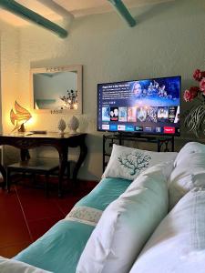a room with a desk and a tv and a bed at Bellavista Porto Rotondo in Porto Rotondo