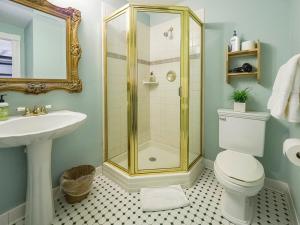 a bathroom with a shower and a toilet and a sink at George Brooks House B&B in Saint Michaels +23 photos