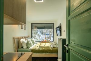 a small room with a bed and a window at Tiny House 4 Two in Văliug