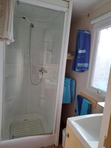 a bathroom with a shower and a sink at Mobilhome confortable in La Celle-sous-Gouzon +12 photos