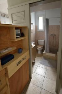 a bathroom with a toilet and a sink and a microwave at Cosy studio overlooking Porto Germeno gulf in Porto Germeno +39 photos