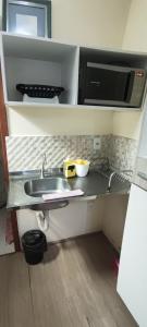 巴西利亚Studio Asa Sul 3 - 304的带水槽和微波炉的厨房柜台