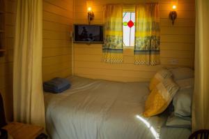 uma cama num quarto com uma janela e uma televisão em Shrublands Farm Shepherd's Hut em Sidestrand