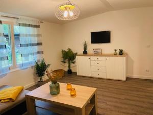 ein Wohnzimmer mit Fernseher und Tisch in der Unterkunft Glamping Kromlau in Gablenz