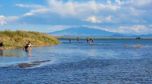 a group of people standing in a body of water at Cabañas Las Dunas in El Nihuil