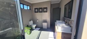 a bathroom with a toilet and a sink and a shower at Waterfront Cottage 121 in Grooteiland