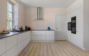 una cucina con mobili bianchi e pavimento in legno di Awesome Home In Haslev With Kitchen a Haslev