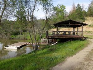 a wooden deck on the side of a river at Sequoia Resort in Badger +33 photos