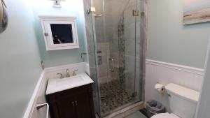 un bagno con doccia, lavandino e WC di The Daisy Cottage- 1St Floor Unit a Cape May