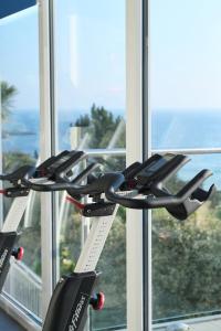 a row of wine racks in front of a window at Harbour Hotel & Spa St Ives in St Ives