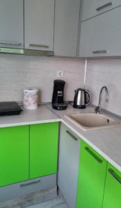una cocina con armarios verdes y blancos y fregadero en Apartment Medika 2, en Ruse