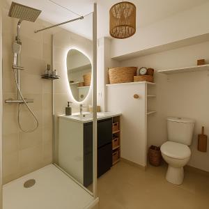 a bathroom with a shower and a toilet and a sink at Malpalu St Maclou centre Rouen Linges et ménage inclus in Rouen +13 photos